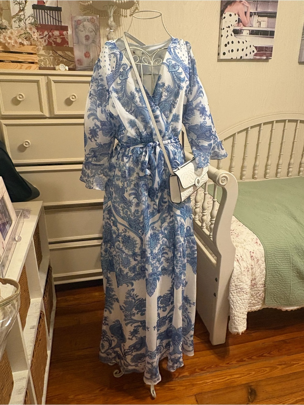 Blue & White Paisley Maxi Dress with Tie Waist
